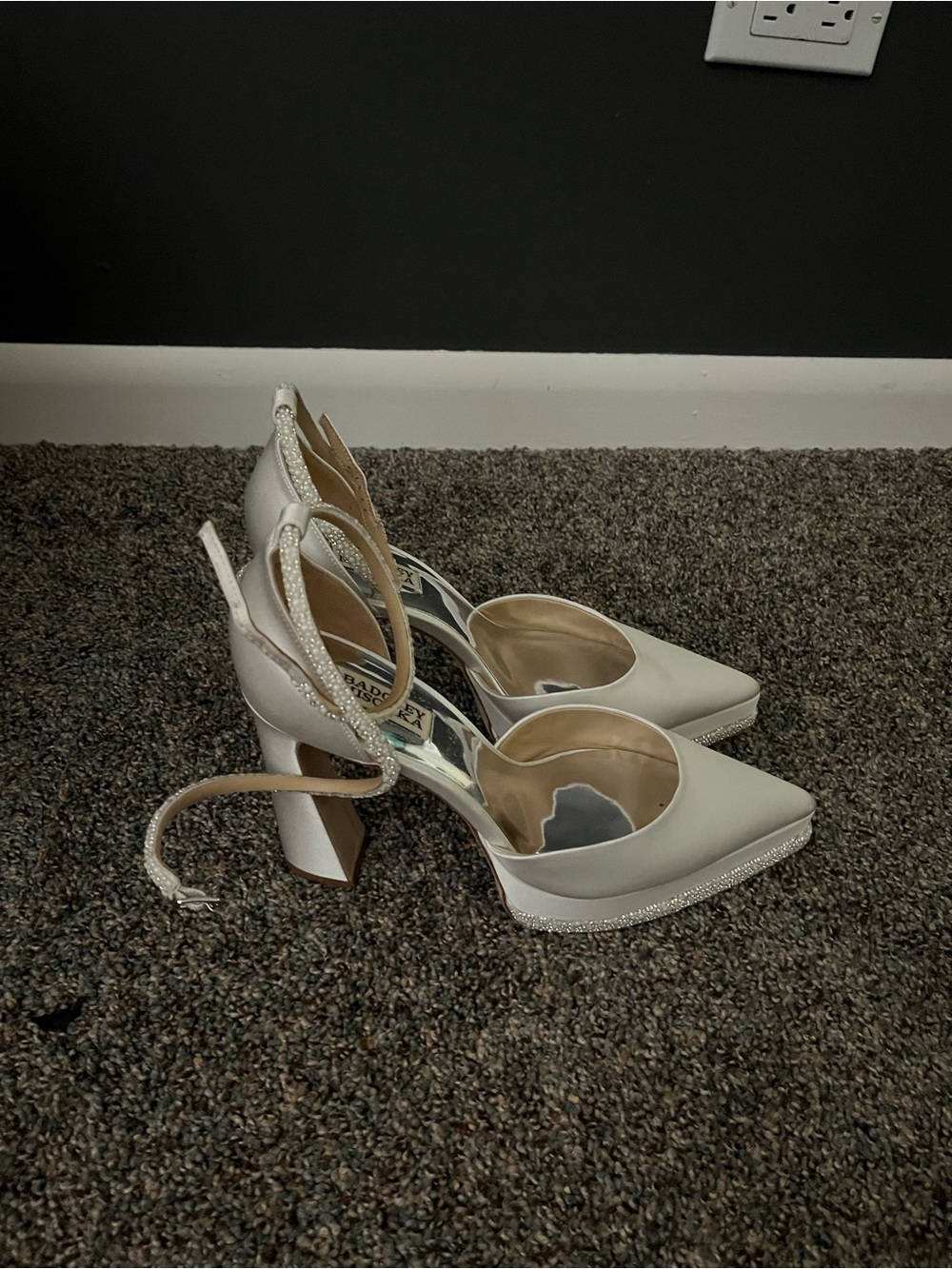 Badgley Mischka Ivory Pointed-Toe Ankle-Strap Heels with Sparkle Trim - Picture 3 of 3